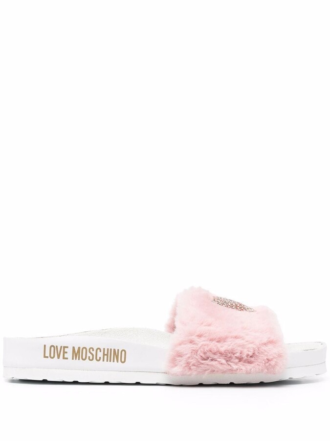 Love Moschino Faux-Fur Rhinestone-Heart Slides - ShopStyle