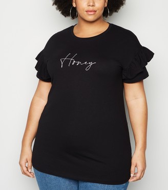 New Look Curves Ruffle Honey Slogan T-Shirt
