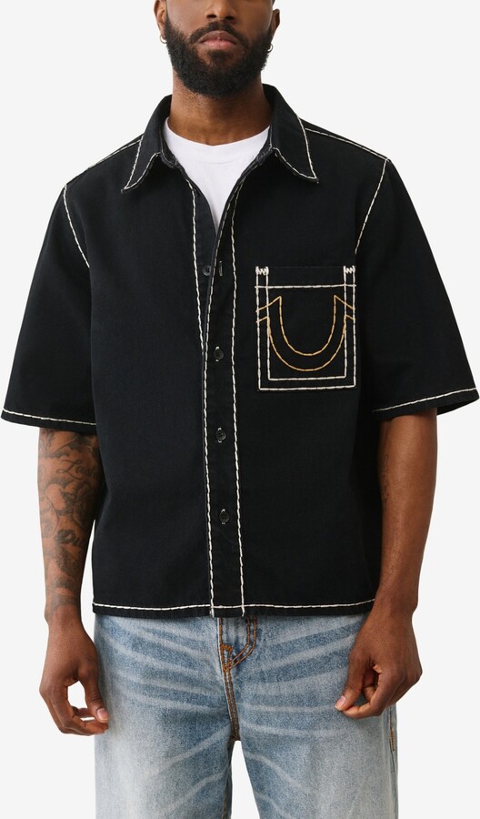 True Religion Men's Super T Oversized Denim Short Sleeve Shirt