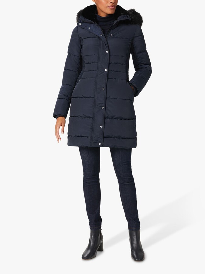 hooded puffer coat with faux fur trim