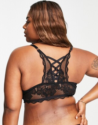 Figleaves Curve Amore lace and fishnet detail bralette with lace up back  detail in black - ShopStyle Bras