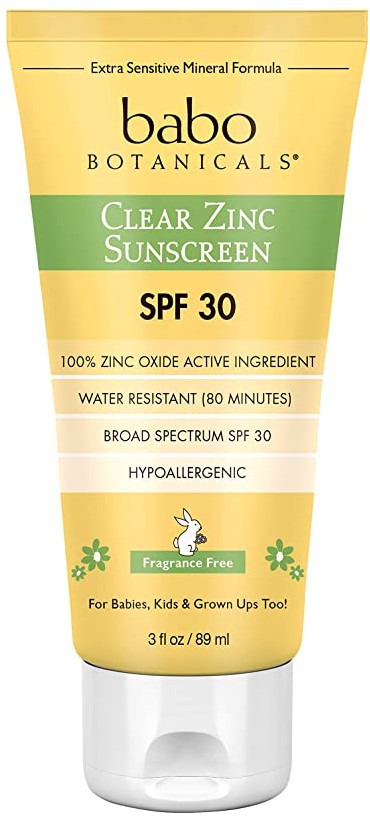 Babo Botanicals Clear Zinc Sunscreen Lotion SPF 30 with 100% Mineral Actives, Non-Greasy, Water-Resistant, Fragrance-Free, Vegan, For Babies, Kids or Sensitive Skin - 3 oz.
