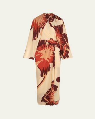 Johanna Ortiz Odyssey Floral Silk Draped Long-Sleeve Ankle Dress