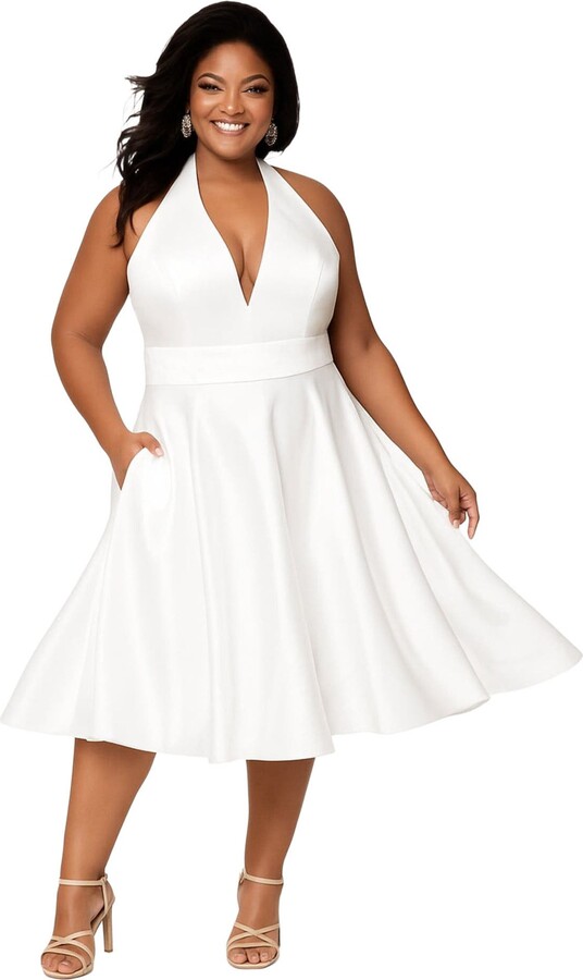 Sydney's Closet Halter Satin Plus Size Tea-Length Wedding Dress
