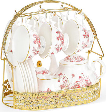 Rosdorf Park 22-Piece Vintage Porcelain Tea Set With Metal Holder Floral Bone China Tea And Coffee Gift Set For Wedding Birthday Tea Party Includes Teapot Cup
