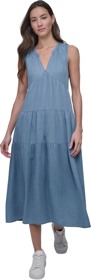 Dkny Jeans Women's Sleeveless Tiered Midi Dress