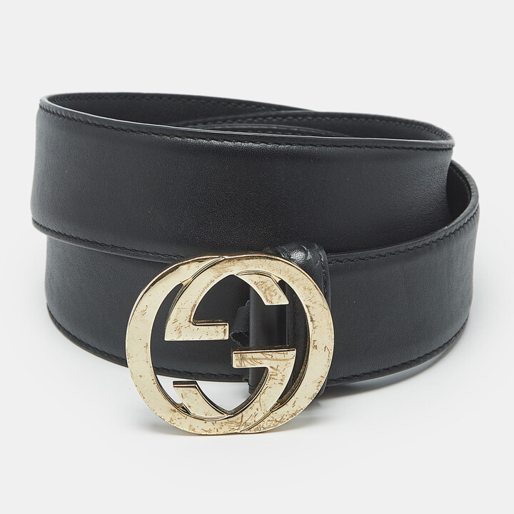 Gucci Black Leather Interlocking G Buckle Belt 95 CM