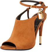 Thumbnail for your product : Tom Ford Lock Suede Open-Toe Ankle-Wrap Bootie, Biscuit