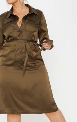 PrettyLittleThing Plus Khaki Satin Pocket Detail Midi Dress
