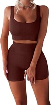 Thumbnail for your product : IDOPIP Seamless Yoga Outfits for Women 2 Piece Ribbed Workout Sets High Waist Leggings Shorts with Tank Crop Top Sport Bar Gym Sets Tracksuit Sportwear Dark Brown Small