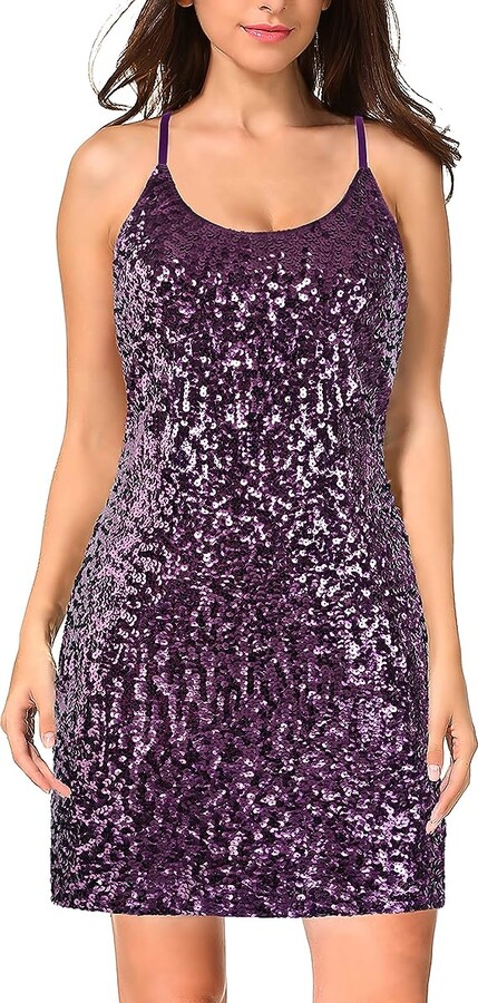 MANER Women's Glitter Sequin Dress Adjustable Spaghetti Strap Sparkle Party Dresses