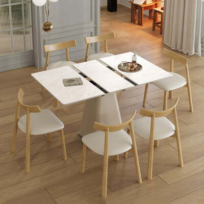 Latitude Run Retractable Rock Slab Dining Table Set 7-Piece Expandable Table With 6 Wooden Leg Chairs & Leather-Wrapped Base