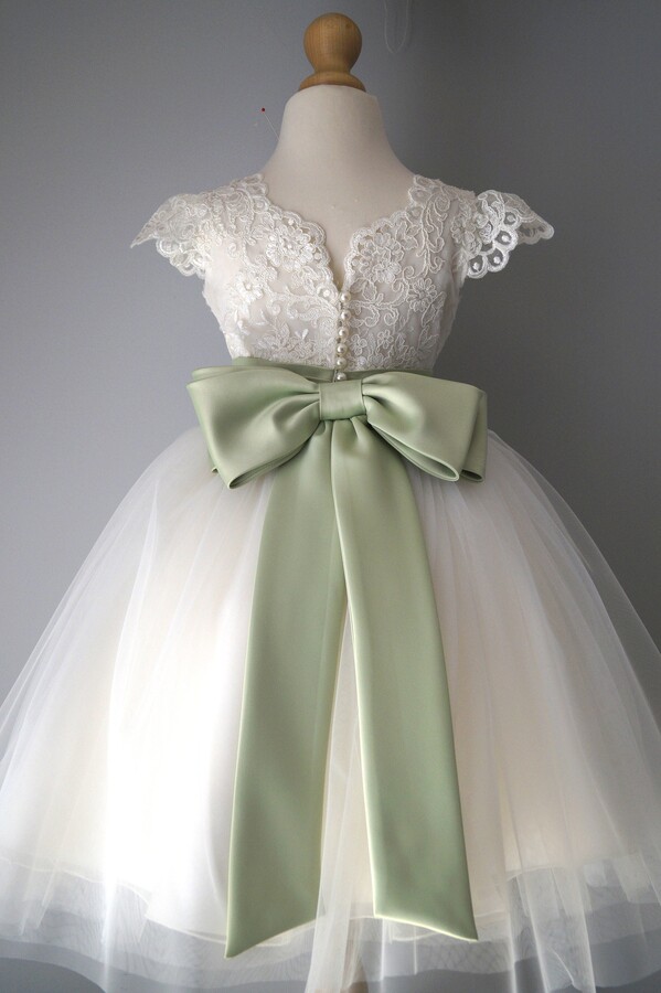 Flower Girl Dress, Sage Dress, Birthday Dress, Baby Lace Tulle Wedding