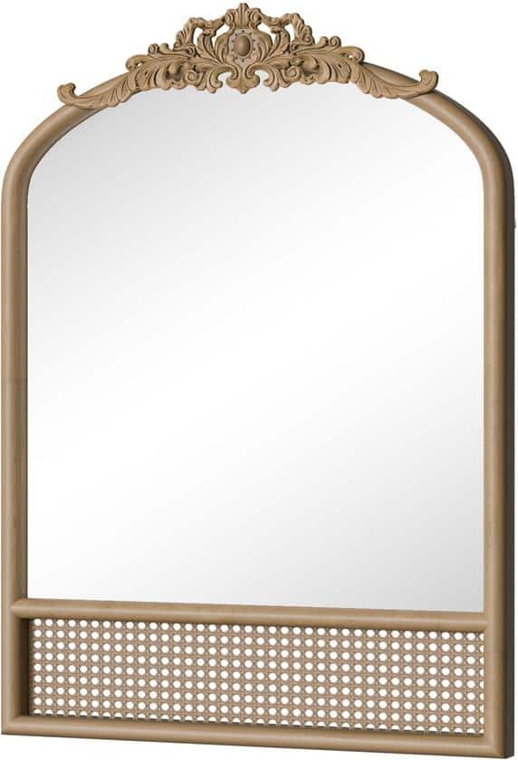 Brown 24 in. W x 36 in. H Wood Carved Rattan RightAngled Arched Wall Decorative Bathroom Mirror for Living Room Bathroom