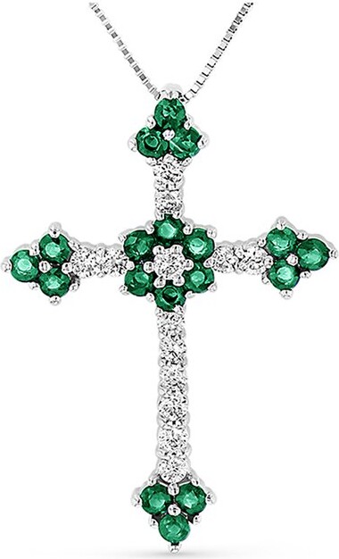 Diana M Fine Jewelry 14K 1.10 Ct. Tw. Diamond & Emerald Cross Pendant Necklace