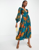 Thumbnail for your product : ASOS DESIGN soft pleated bodice midi dress with tiered skirt and lace up back detail in floral print