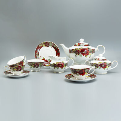 Grace's Tea Ware Porcelain Red Poinsettia 11-Piece Tea Set