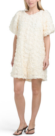 TJMAXX 3D Rose Appliques Bubble Sleeve Mini Dress With Back Ribbon For Women, Polyester
