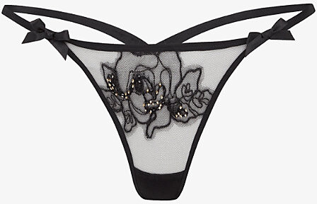 Agent Provocateur Womens Black Lindie Mid-Rise Embroidered Floral Mesh Thong S