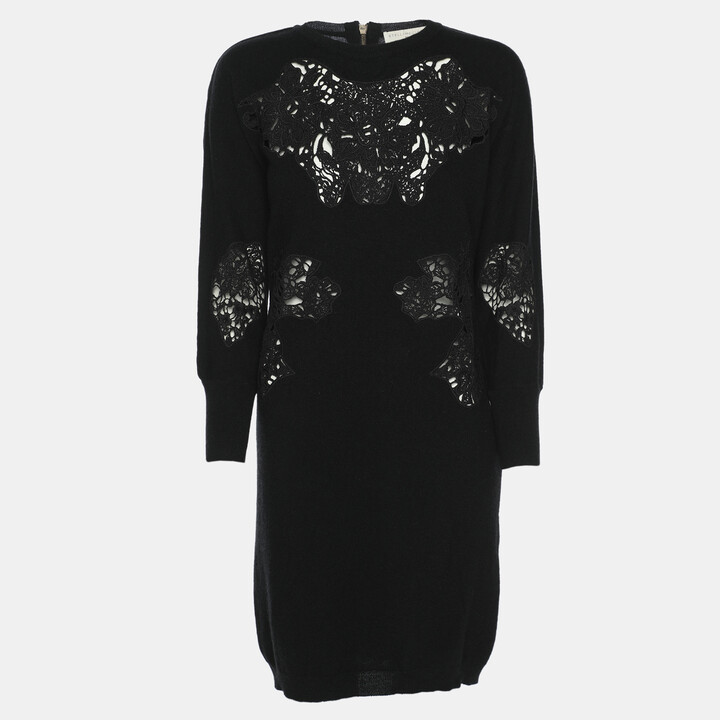 Stella McCartney Black Wool Knit Floral Embroidered Dress M