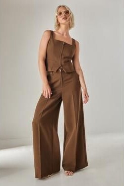 Tailored Zip Front Sleeveless Top Wide Leg Pants Set