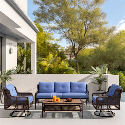 Bay Isle Home 4 Pieces Patio Furniture Set With 2 Swivel Chairs, 1 3-seater Sofa, 1 Coffee Table, Rattan Hollow Weave Design And Iron Frame