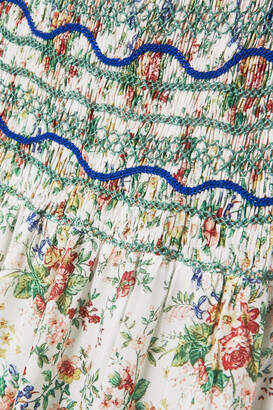 Loretta Caponi Gioia Smocked Embroidered Floral-print Crepe De Chine Maxi  Dress - Blue - ShopStyle