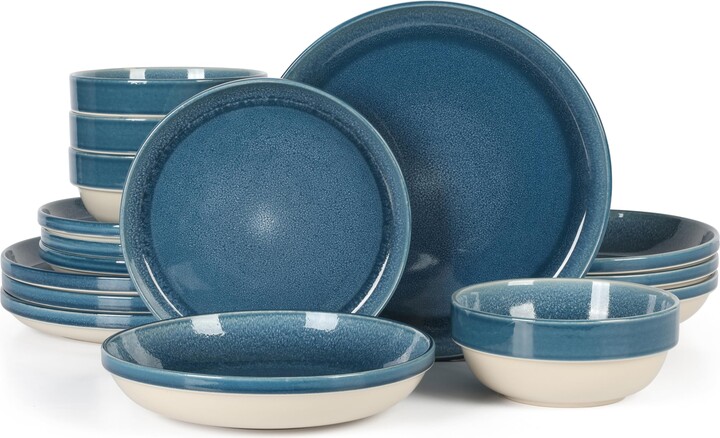 Sur La Table Kitchen Essentials Banquette 16 Piece Double Bowl Plates and Bowls Reactive Glaze Stoneware Dinnerware Set - Blue