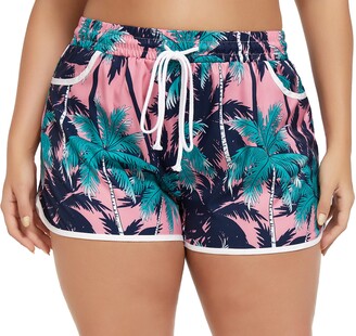 INVOLAND Womens Plus Size Floral Print Beach Shorts with Pockets-Quick Dry Summer Swimmwear Shorts 