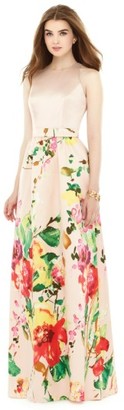 Alfred Sung Watercolor Floral Print Sleeveless Sateen A-Line Gown