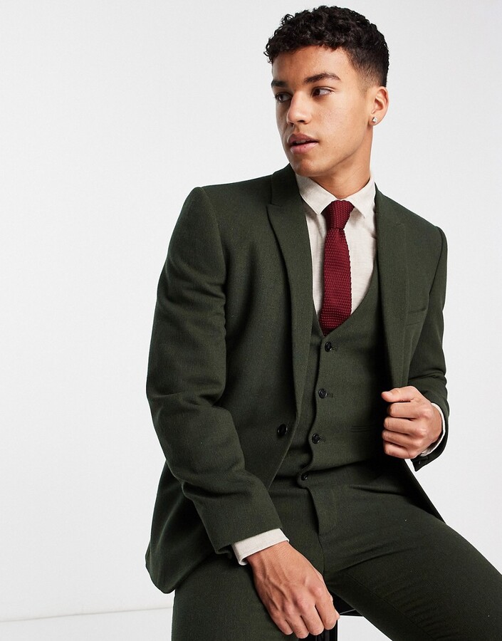 ASOS DESIGN Wedding skinny wool mix suit jacket in dark green basketweave  texture - ShopStyle