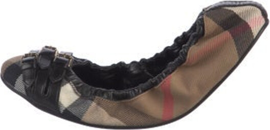 Burberry Canvas Ballet Flats Neutrals House Check Pattern Semi-Pointed Toes with Leather Trim Embellishment Buckle Closure At Uppers Includes Box Designer