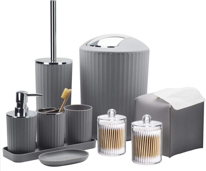 Adrinfly 10-Pieces Bathroom Set with Toothbrush Holder, Cup, Soap Dispenser, Tissue Box, Q-Tip Box, Toilet Brush Holder, in Gray