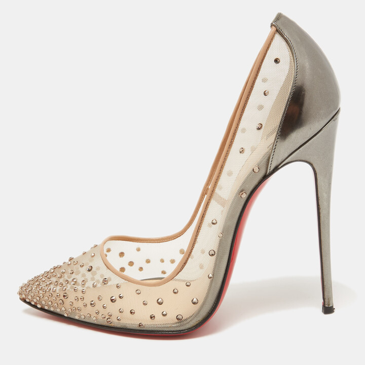 Follies Strass - 85 mm Pumps - Fishnet, glittered leather and strass -  Silver - Christian Louboutin