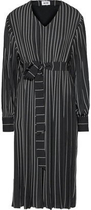 Each X Other Belted Pleated Pinstriped Crepe De Chine Dress