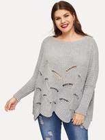 Thumbnail for your product : Shein Plus Drop Shoulder Scallop Edge Ripped Sweater