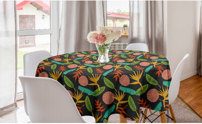 Ambesonne Tropical Round Tablecloth, Abstract Exotic Botany Of Bird Of Paradise Banana And Palm Leaves, Circle Table Cloth Cover For Dining Room Kitch