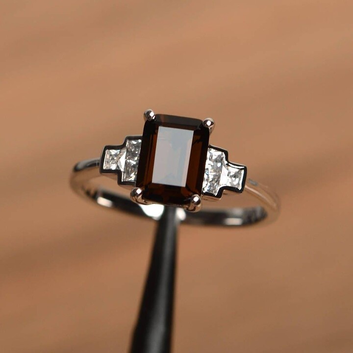 Etsy Smoky Quartz Cocktail Ring Emerald Cut Brown Gemstone Sterling Silver Engagement