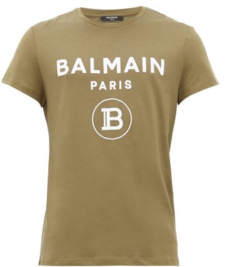 Balmain Flocked Logo-print Cotton T-shirt - Khaki