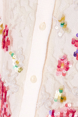 Oscar de la Renta Embellished Lace-paneled Wool And Silk-blend Cardigan - Cream