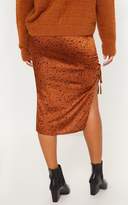 Thumbnail for your product : PrettyLittleThing Rust Satin Printed Ruched Side Midi Skirt