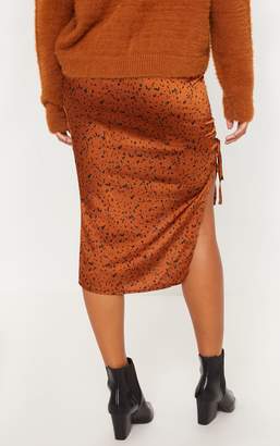 PrettyLittleThing Rust Satin Printed Ruched Side Midi Skirt