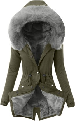 Kalorywee Hoodies KaloryWee Womens Thick Winter Coat Parkas Casual Solid Jackets Faux Fur Lined Hooded Coats Cardigans Windproof Trench Green