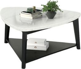 Latitude Run Contemporary Style Triangle Coffee Table Bottom Storage Space Marble Top White And Black Finish Primary Living Room