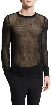 Lanvin Netted Long-Sleeve Crewneck Sweater, Black