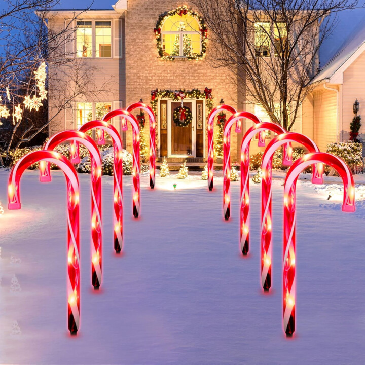 Peach Forest 5pcs Christmas Candy Cane Pathway Lights Outdoor Garden Xmas Driveway Markers Lamp For Home Garden Yard Lawn Patio Pool Decor