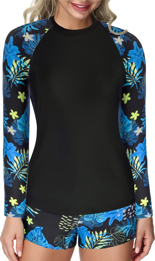 JASAMBAC Rash Guard Bathing Suit for Women Long Sleeve UV UPF 50+ Swimsuit Sets with Bra S