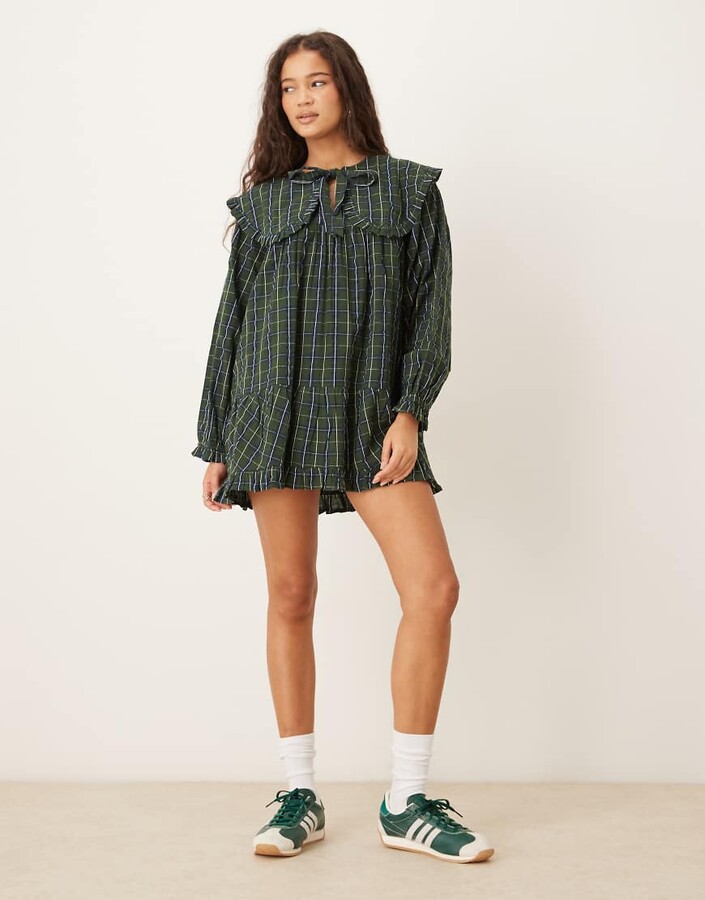 Neon Rose oversized V-neck collared dress in blue tartan check