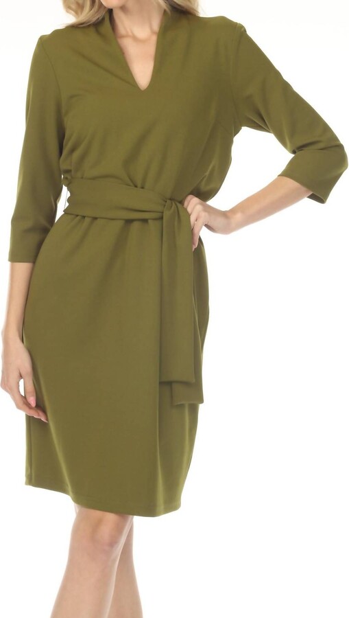 Joseph Ribkoff Belted V-Neck 3/4 Sleeve Dress In Artichoke