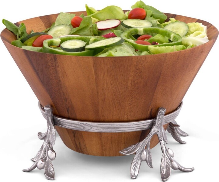 Arthur Court Acacia Wood Salad Bowl in Metal Stand, Sand-Cast Aluminum Stand in Olive Pattern